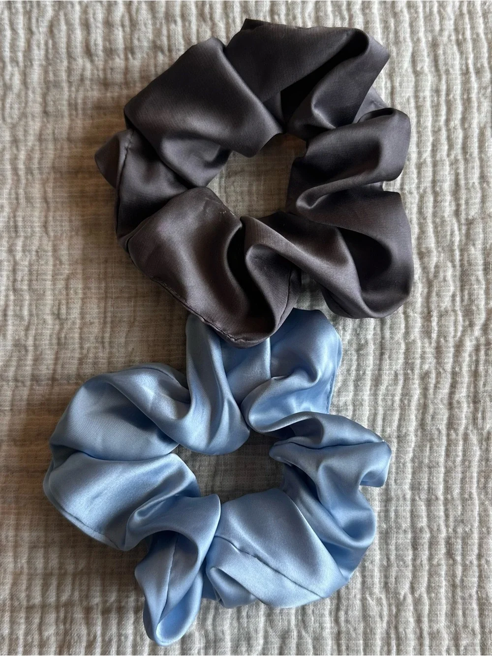 Women's Hair Scrunchies Satin Light Blue Charcoal Gray Set of 2